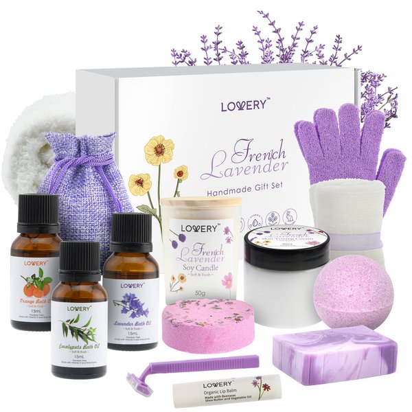 Christmas Bath Gift Set, 18pc French Lavender Relaxation Spa Gift Basket for Women & Men, Handmade Gift Box, Body Oils, Organic Lip Balm, Scented Candle, Bath Bomb & More, Spa Kit Gift for Birthday