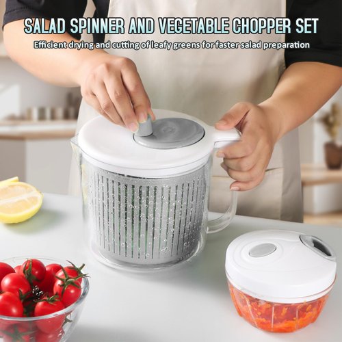 CherHome Salad Spinner with Vegetable Chopper Set, Grey, Efficient Drying and Cutting Tool for Lettuce and Greens, Durable Polypropylene Construction, 1 Year Warranty