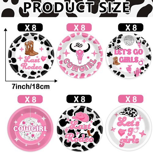 48Pcs Let's Go Girls Party Supplies Western Cowgirl Party Paper Plates Cow Party Decorations Disco Ball Disposable Dessert Tableware for Cowgirl Theme Bachelorette Disco Birthday Dinnerware Favors