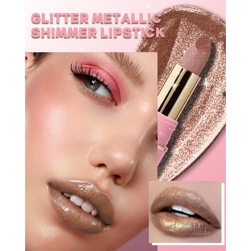 Glitter Metallic Shimmer Lipstick Long Lasting,High Shine Glitter Diamond Creamy Red Color Matte Lipstick Transfer Proof Non-Stick Lip Gloss Shimmer High Impact Full Coverage Lip Makeup for Women-01