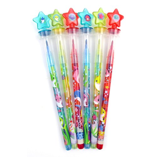 TINYMILLS 24 Pcs Shark Family 2 in 1 Stackable Stacking Crayon with Extra Stamper Topper, Kids Party Favors, Goodie Bag Stuffers, Classroom Rewards, Prizes