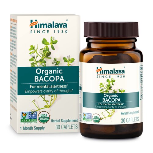 Himalaya Organic Bacopa Monnieri Nootropic Herbal Supplement, Mental Alertness, Supports Calm, Memory, Cognition, USDA Certified Organic, Non-GMO, 750 mg, 30 Plant-Based Caplets, 30 Day Supply