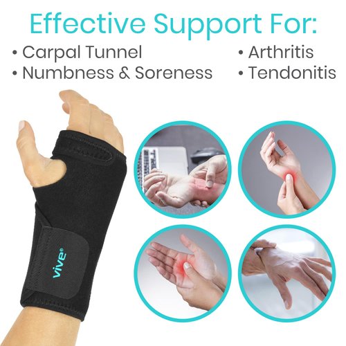 Vive Wrist Brace - Carpal Tunnel Hand Compression Support Wrap for Men, Women, Tendinitis, Bowling, Sports Injuries Pain Relief - Removable Splint - Universal Ergonomic Fit (Black, Right)