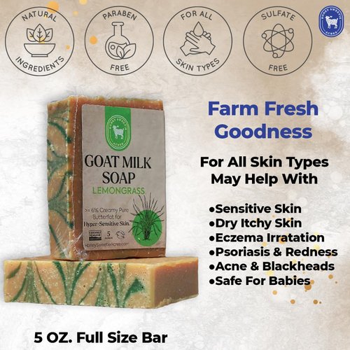 Honey Sweetie Acres Lemongrass Goat Milk Soap - All Natural Body Soap - 5 oz Goats Milk Soap - Handmade Goat Milk Soap Bar - Eczema Bar Soap - Moisturizing Bar Soap - Made in The USA