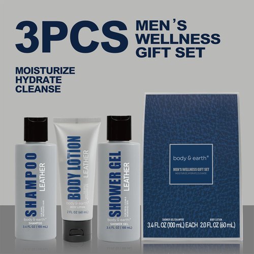 Bath and Body Gift Set for Men Self Care Kit with Leather Scent Shower Gel, Body Lotion, Shampoo, Self care gifts for Men,regalos para hombre,Fathers Day Gifts for Men