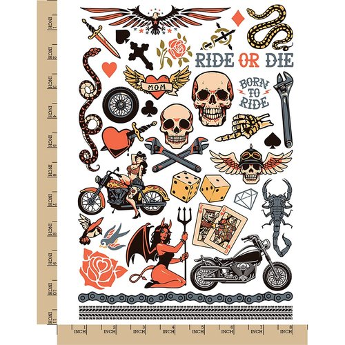 Biker Skulls Motorcycle Club Temporary Tattoo Water Resistant Fake Body Art Set Collection - Color (One Sheet)
