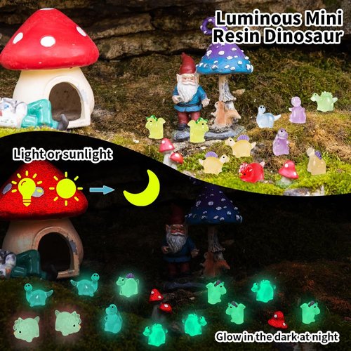 DIYDEC 60pcs Luminous Mini Resin Dinosaur 6 Styles Tiny Small Dinosaurs Glow in The Dark Miniature Animals to Hide Little Dinosaur for Micro Dollhouse Landscape Aquarium Decorations