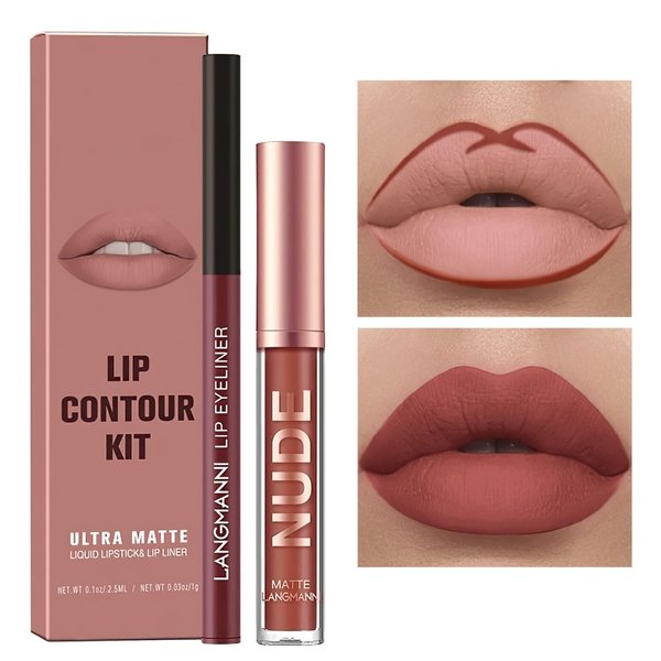 MIELIKKI 2Pcs Matte Liquid Lipstick and Lip Liner Set, One Step Lips Makeup Kit, Non-Stick Cup Lip Gloss + Lip Liner Pen, High Pigmented, Waterproof, Long-Lasting, 05