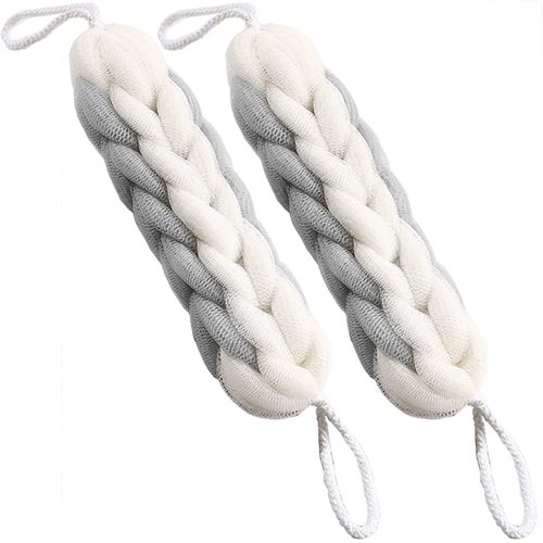 AARAINBOW 2 Packs Upgraded Long Stretch Back Sponge with Rope Handles Back Scrubber Bath Shower Mesh Sponge Exfoliating Body Scrub Stretch Braided Loofah for Men Women Braided Mesh Shower (Gray+Pink)