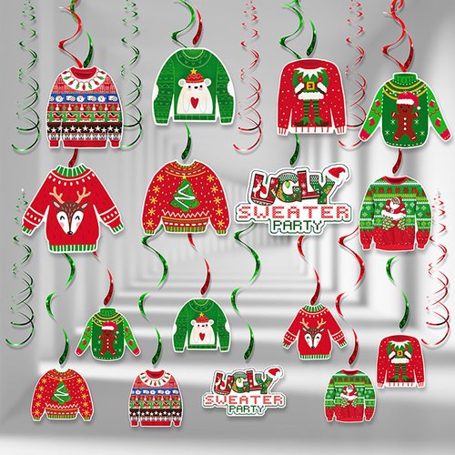 Merry Christmas Hanging Decorations, 36Pcs Hanging Ceiling Swirls Christmas Reindeer Christmas Tree Snowflake Ugly Sweater Swirls for Xmas Holiday Party Decorations (B - 32Pcs Christmas Sweater)