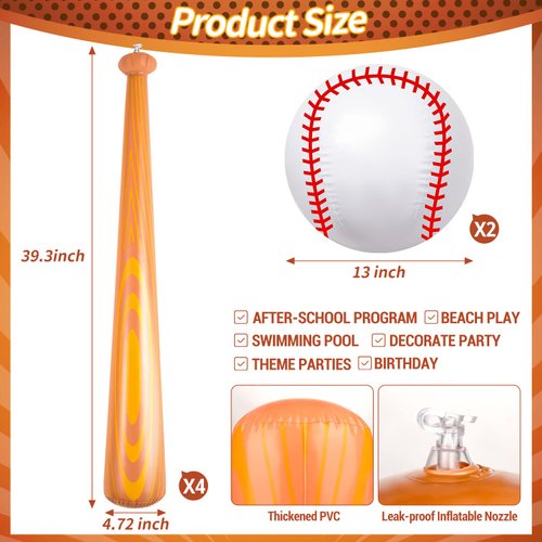 ZHBDMGK Inflatable Baseball Bat and Ball for Kids, 6Pcs Jumbo Baseball Beach Ball Set Including 4Pcs 40 Inch Baseball Bat Inflates and 2Pcs Beach Ball Baseball for Baseball Party Sports Game