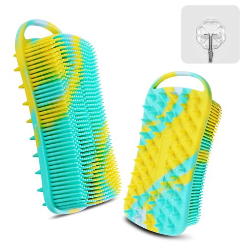 YEALIFE Silicone Body Scrubber, 2 in 1 Body Brush & Hair Scalp Brush for Shower and Bath, Easy Clean, Lathers Well, Stimulating Blood Circulation More Hygienic Than Loofah, Fit Women Men.Camo Green