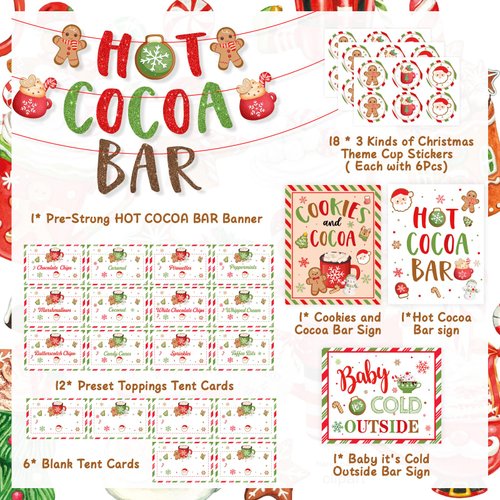 Hot Chocolate Bar Kit, Green Red Christmas Hot Cocoa Bar Supplies, Gingerbread Man Theme Hot Cocoa Bar Banner Sign Toppings Labels Cup Tags for Winter Birthday Baby Its Cold Outside Baby Shower New