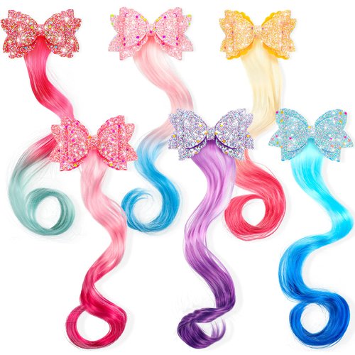 WILLBOND 6 Colors Glitter Unicorn Hair Clips with Braided Curly Wig Extensions for Hair Braiding, Princess Costume Dress up