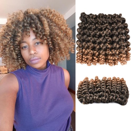 Jumpy Wand Curl Crochet Braids Jamaican Big short Curly Hair Ombre Black Light Brown Synthetic Crochet Braiding Hair Extensions For Black Women Girls 6 packs(8inch,T27)
