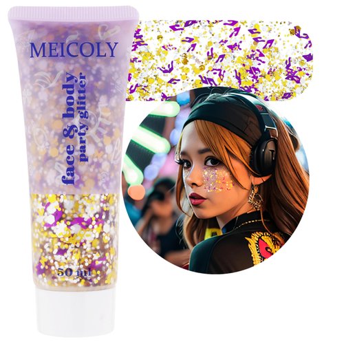 MEICOLY Face Glitter Makeup for Music Festival,Gold Silver Purple Body Glitter,Music Festival Outfits for Women,Glitter Face Paint for Country Music/Musical Event,Music Festival Rave Accessories,50ml