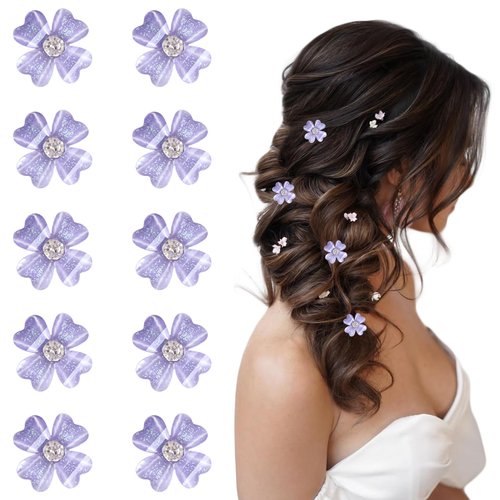 10 Pcs Small Flower Hair Clips with Rhinestone Mini Clover Cute Hair Pins Wedding Bridal Hair Accessories Decorative for Fine Hair Barrettes for Girls Women(Purple)