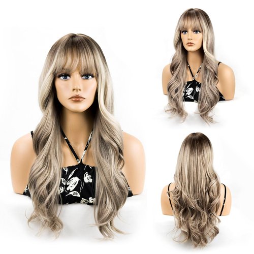 MocNeavian Blonde Wavy Wigs for Women 27 inches Long Ombre Curly Wigs with Bangs Natural Looking Synthetic Fiber Heat Resistant Wig Women's Wigs for Daily Use Women's Charming Wigs