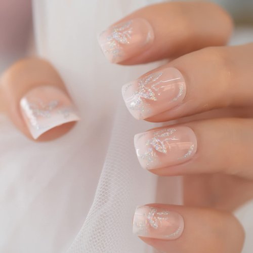 Butterfly False Nails Gradient Nude Natural Color Sparkly Glitter Nails Press On Short Square Fingernail