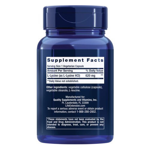 Life Extension L-Lysine, 620 mg, Essential Amino Acid for Healthy nitrogen Balance, Calcium Metabolism, Stress Response & More, Gluten-Free, Non-GMO, Vegetarian, 100 Capsules