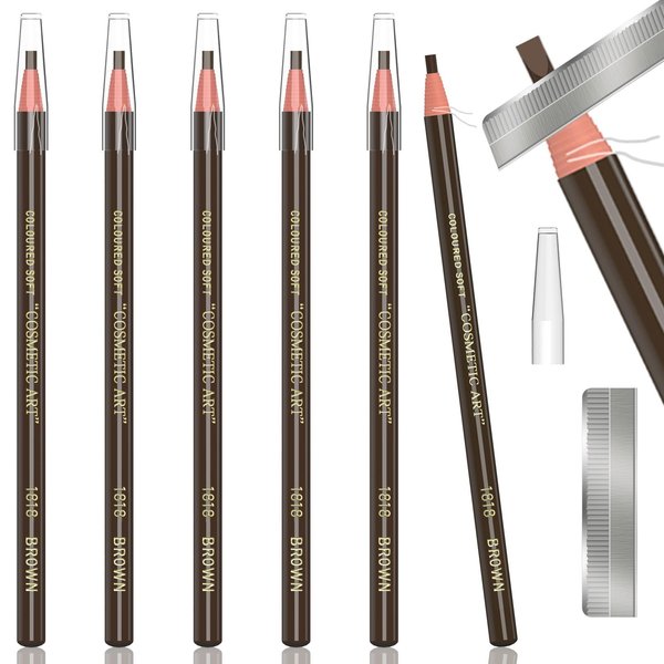 6 Piece Dark Brown Waterproof Eyebrows Pencil Tattoo Makeup And Microblading Supplies Kit-Permanent Eye Brow Liners In 5 Colors Waterproof Eyebrow Pencils Peel - Brow Pencil Set For Marking