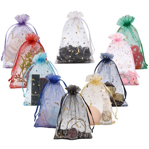 WenTao 100PCS Moon Star Sheer Organza Bags, Mixed Color Wedding Favor Bags with Drawstring, 4X6 Jewelry Gift Bags for Party, Jewelry, Christmas, Festival, Makeup Organza Favor Bags