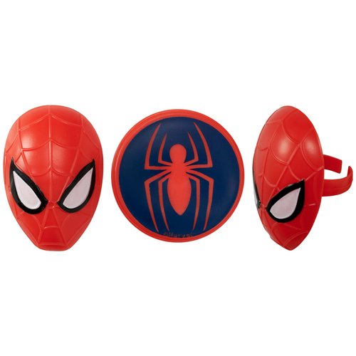 DecoPac Marvel's Spider-Man™ Spider and Mask Rings, Spider-Man Cupcake Decorations, Red and Blue Food Safe Cake Toppers – 24 Pack