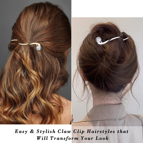 Ahoney 4 Pcs Pearl Barrettes for Women - 4.2 French Hair Clips with Fancy Pearls for Thick Hair (Silver+Gold)