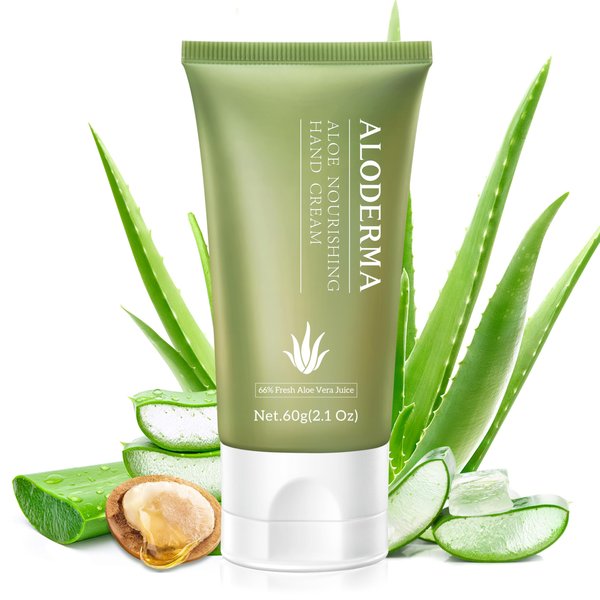Aloderma Aloe Hand Cream with 66% Organic Aloe Vera for Men & Women, Non-Greasy Gentle Hand Cream for Dry, Cracked Hands, Moisturizing Aloe Working Hands Lotion with Shea Butter for Soft Hands, 2.1oz