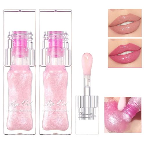 QIMHETU 2Pcs Cosmetics Color Changing Lip Oil, Cosmetics Color Changing Lip Oil, Magic Big Brush Color Changing Lip Oil, Warm Change Glitter Lip Gloss with Big Brush Non-sticky Lip Tint Oil