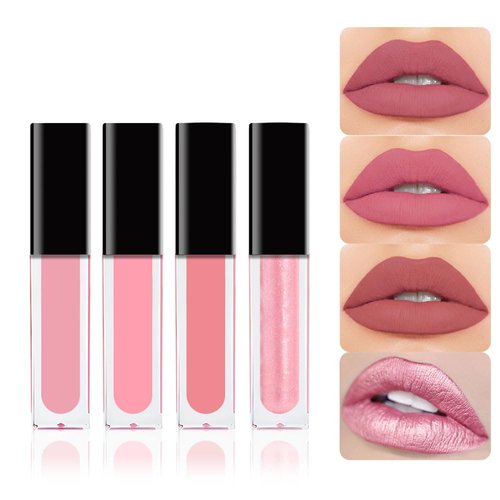 CAKAILA 4Pcs Nude Pink Red Matte Glitter Lipsticks Sets,Liquid Lip Gloss Lip Stick Makeup for Women,Long Lasting Waterproof Non-Stick Cup Non-Drying 24 Hours,labiales mate 24 horas originales