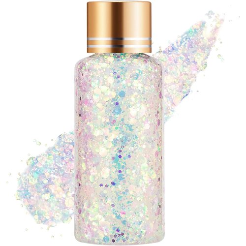 Mermaid Sequins Body Glitter Gel for Face,Shimmer Liquid Eyeshadow Holographic Glitter Body Gel Festival Glitter Cosmetic Face Skin Hair Nails Makeup Long Lasting Sparkling (Body Glitter#7-White)