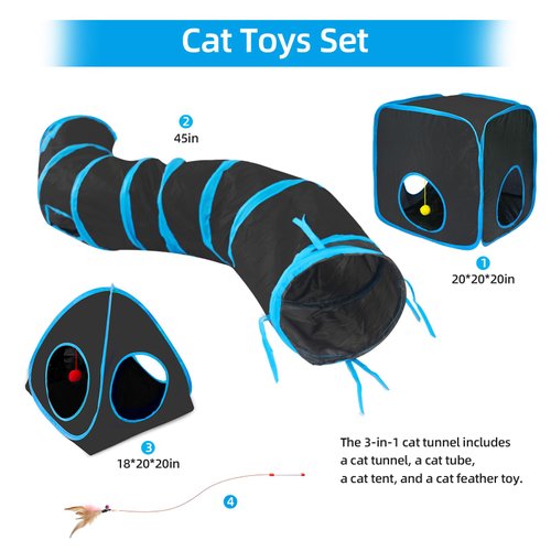 Cat Tunnels for Indoor Cats, Cat Tent, Cat Cube and Feather Cat Toy Collapsible Combo, with Interactive Cat Toy Ball, Cat Toy Set for Indoor Cat, Ferret, Guinea Pig, Rabbit, Bunny, Blue