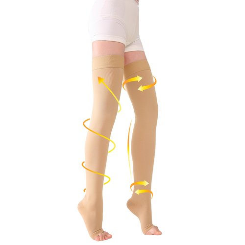 TOFLY® Thigh High Compression Stockings for Women & Men (Pair), Open Toe, Opaque 20-30 mmHg Graduated Compression Hose, Medical Compression Stockings for Varicose Veins, Edema, DVT, Travel,Beige XXL