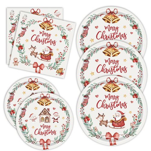 KFJBPB 60 Pcs Christmas Paper Plates and Napkins Party Supplies, Merry Christmas Reindeer Santa Dinnerware Set Disposable Paper Dinner Plates Dessert Plates for Holiday Christmas Party Decorations