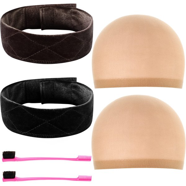 Yaomiao 6 Pcs Velvet Wig Band and Wig Cap Set 2 Pcs Adjustable Wig Grip Band for Women Hair Band Headband 2 Pcs Skin Color Stocking Wig Caps 2 Pcs Hair Edges Brushes