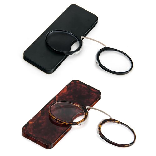 REAVEE 2 Pack Pinch Nose Clip on Reading Glasses Armless for Men Women, No Temple Slim Compact Readers Ultra Thin with Mini Portable Case, Black and Tortoise +2.5