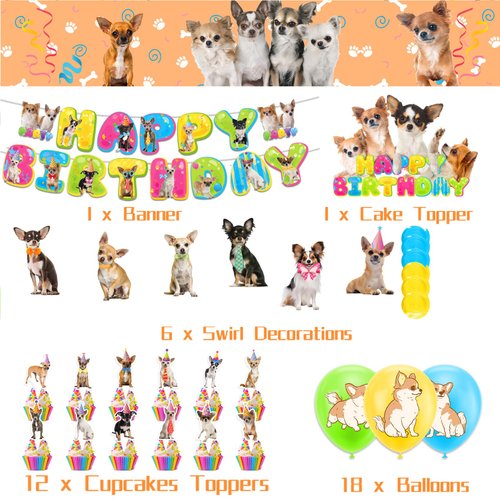 Chihuahua Birthday Party Supplies Chihuahua Dog Party Decorations Includes Chihuahua Dog Happy Birthday Banner Hanging Swirls Cake Topper Cupcake Toppers Balloons