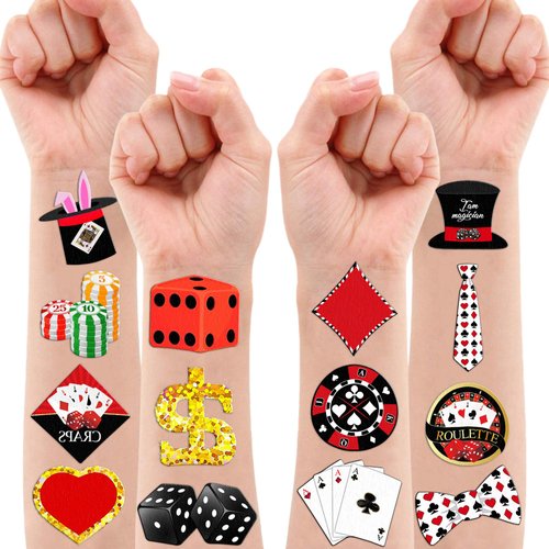 Casino Theme Temporary Tattoos Birthday Party Decorations Favors Decor Supplies Cute Tattoo Stickers 8 Sheets 96 PCS Gifts for Kids Boys Girls Games Classroom Rewards Prizes Carnival Christmas