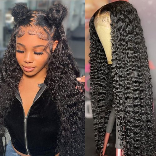 Muzkala 13x6 Deep Wave Lace Front Wigs Human Hair 180% Density 26 Inch 13x6 HD Transparent Lace Deep Curly Glueless Frontal Wigs Human Hair Pre Plucked for Women