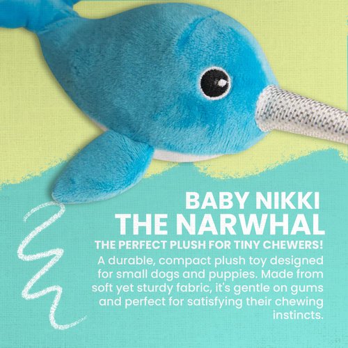 SnugArooz Baby Nikki The Narwhal Dog Toy with Repair Patch – Soft Plush - Squeaker & Crinkle Sounds – Perfect for Interactive Fun - Cuddles