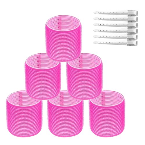 6 Pieces Hair Curlers Roller Set with 6 Hair Clips, Self Grip Holding Hair Rollers Curlers 12 Pcs Set for Long Medium Short Fine Thin Hair Volume, Salon Hairdressing Curlers, DIY Hairstyles - Rose Red