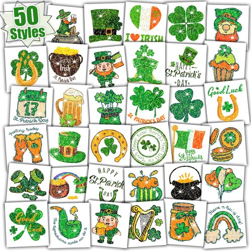 Partywind Glitter St Patrick's Day Tattoos for Decorations, Saint Patrick's Day Accessories for Kids Party Supplies, Irish Shamrock Tattoo Stickers for Green Day Party