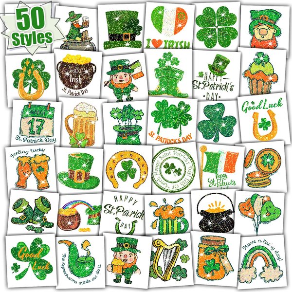 Partywind Glitter St Patrick's Day Tattoos for Decorations, Saint Patrick's Day Accessories for Kids Party Supplies, Irish Shamrock Tattoo Stickers for Green Day Party