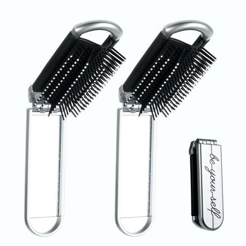 2Pcs Foldable Travel Hair Brush with Mirror,Pocket Hair Brush,Massage Comb Compact Hair Brush,Travel Hair Brush and Mirror,Mini Travel Hairbrush for Women Girls,Text