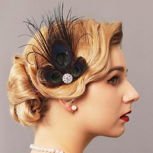 GORTIN 1920s Black Feather Hair Clip Peacock Rhinestone Headpiece Art Deco Headband for Women, Girls, Party, Prom and Formal Occasions