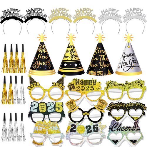 HOWAF 44 Pcs Glitter Happy New Year Party Kit, 2025 New Year Eve Supplies Favors-New Year Headband Eyeglasses New Year Top Hats New Year Fringed Noisemaker for New Year's Eve Party Decoration