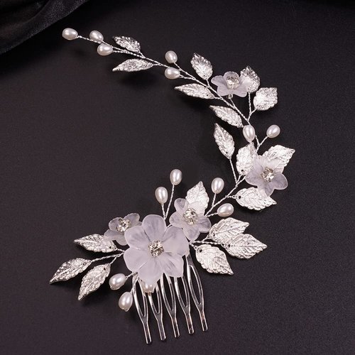 Teyglen Flower Bride Wedding Hair Comb Bridal Silver Leaf Pearl Side Hair Comb Handmade Gold Silver Leaf Rhinestone Hair Pieces Hair Accessories for Women Flower Girls Bridesmaid (Silver)