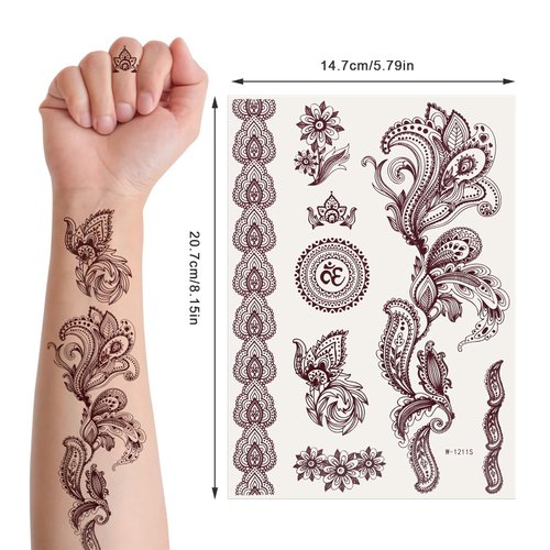 6 Sheets Henna Tattoo, Mandala Flower Temporary Tattoo Stickers for Women, Fake Tattoos Henna Stickers, Waterproof Red Ink Body Art Stickers.
