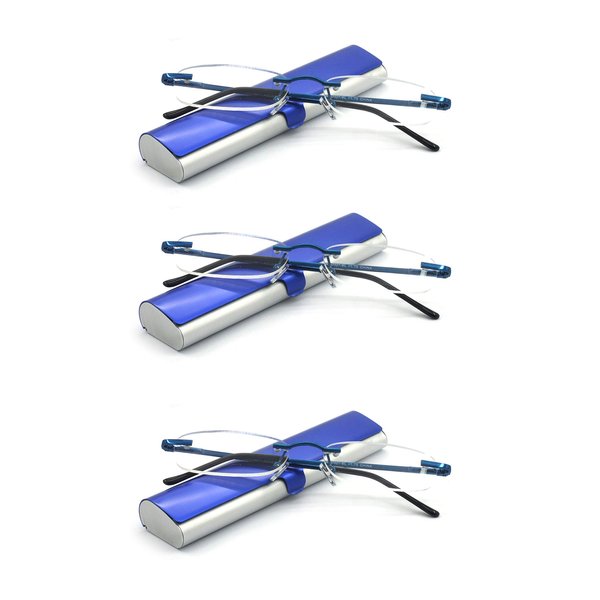 EYE ZOOM 3 Pack Rimless Reading Glasses with Slim Navy Blue and Silver Case for Men and Women, 2.25